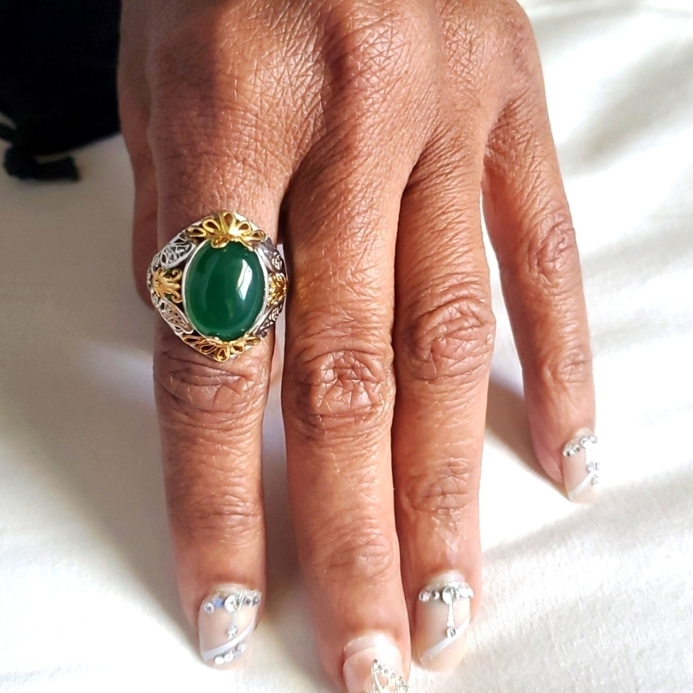 18K Gold Platinum Green Onyx Cocktail Ring